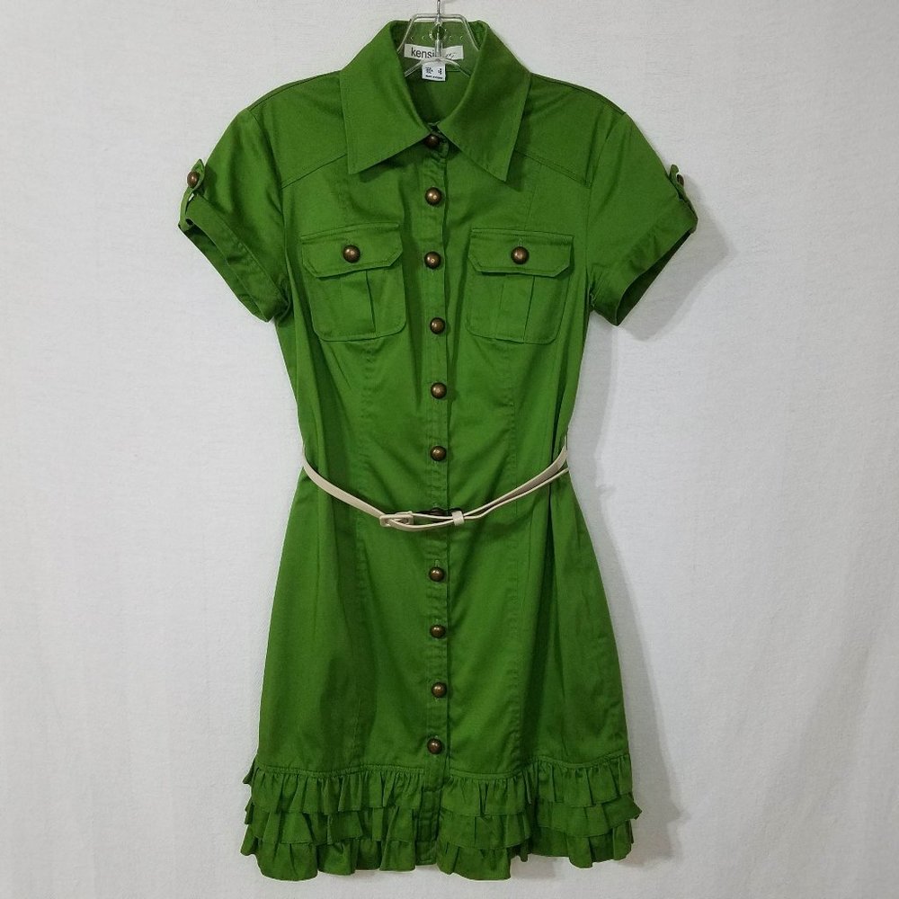Kensie Pretty Dress Ruffle Buttons Belted Green